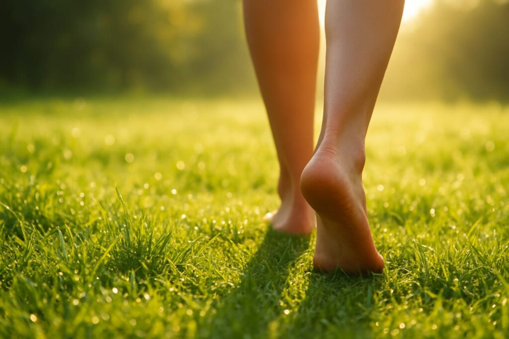 Benefits of walking barefoot on grass in the morning